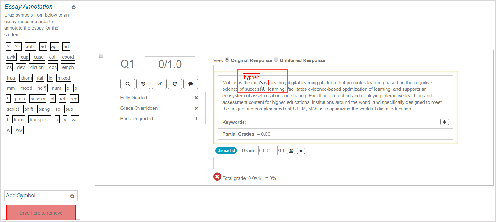 Click-and-drag from the Essay Annotation palette on the left to the students response on the right.
